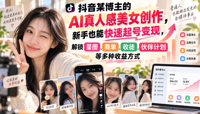 抖音某博主的AI真人感美女创作,新手也能快速起号变现,解锁星图,商单,收徒,伙伴计划等多种收益方式——生财有道创业项目网-生财有道