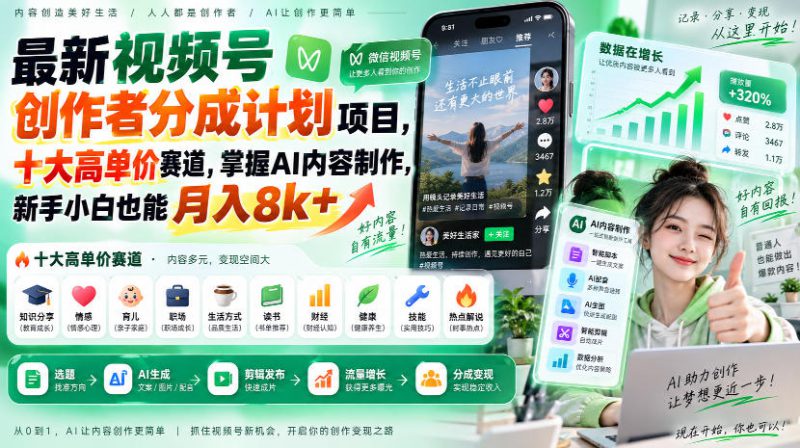 最新视频号创作者分成计划项目，十大高单价赛道，掌握AI内容制作，新手小白也能月入8k+——生财有道创业项目网-生财有道