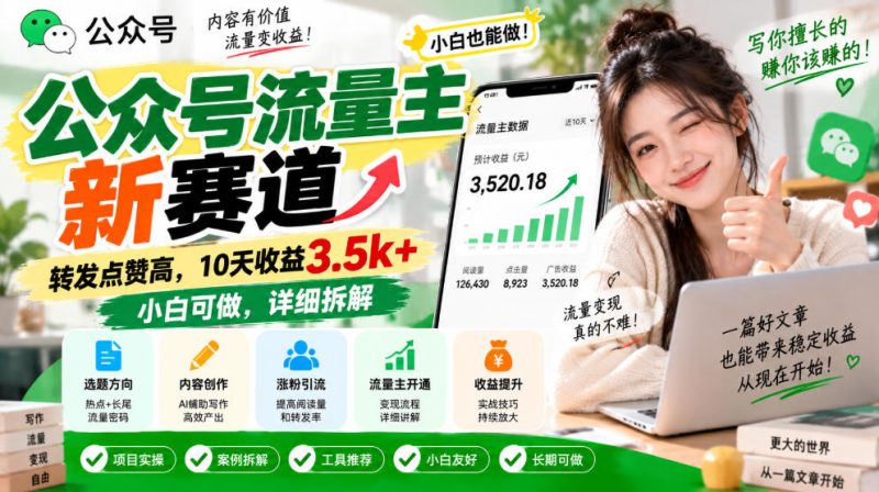 公众号流量主新赛道，转发点赞高，10天收益3.5k+小白可做，详细拆解——生财有道创业项目网-生财有道