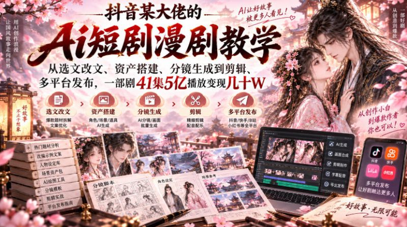 抖音某大佬的Ai短剧漫剧教学，从选文改文、资产搭建、分镜生成到剪辑、多平台发布，一部剧41集5亿播放变现几十W——生财有道创业项目网-生财有道