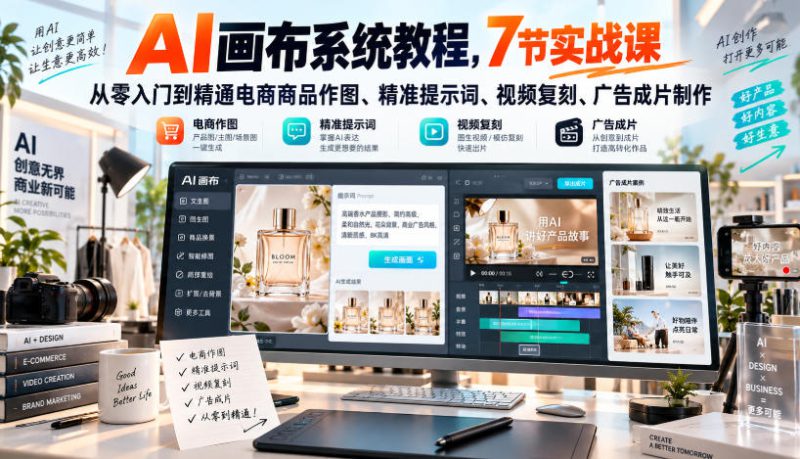 AI画布系统教程,7节实战课从零入门到精通电商商品作图、精准提示词、视频复刻、广告成片制作——生财有道创业项目网-生财有道