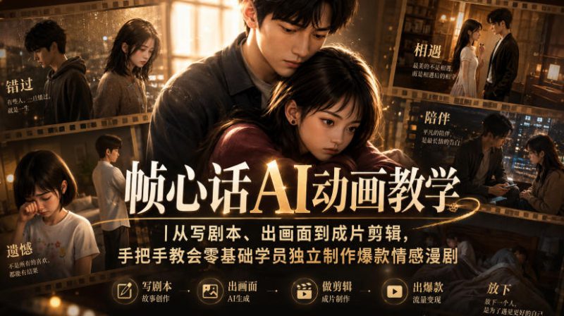 帧心话AI动画教学｜从写剧本、出画面到成片剪辑，手把手教会零基础学员独立制作爆款情感漫剧——生财有道创业项目网-生财有道