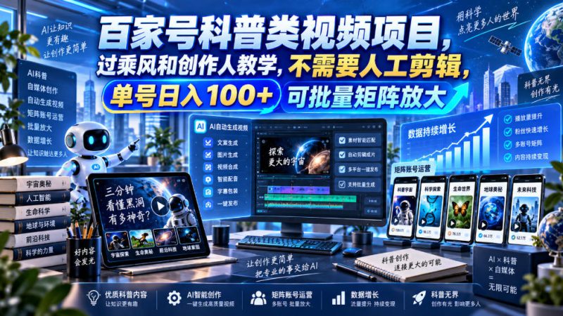 百家号科普类视频项目,过乘风和创作人教学,不需要人工剪辑,单号日入100+可批量矩阵放大——生财有道创业项目网-生财有道