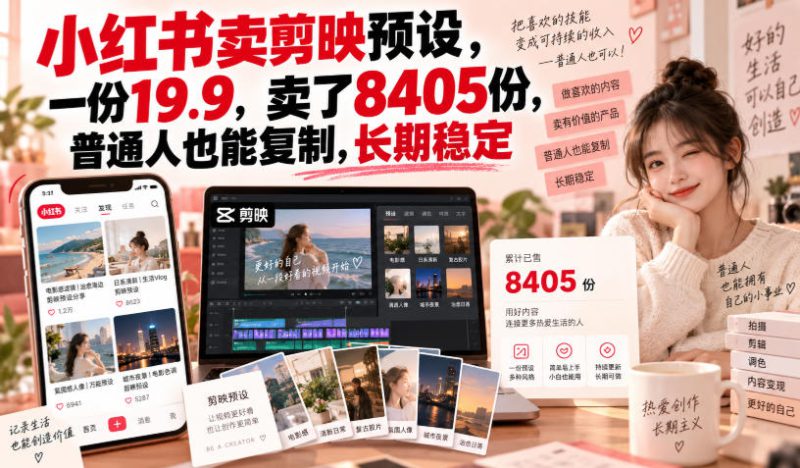 小红书卖剪映预设，一份19.9，卖了8405份，普通人也能复制，长期稳定——生财有道创业项目网-生财有道
