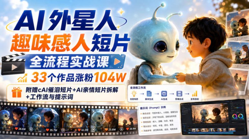 AI外星人趣味感人短片全流程实战课，33个作品涨粉104W，附赠AI催泪短片+AI亲情短片拆解+工作流与提示词——生财有道创业项目网-生财有道