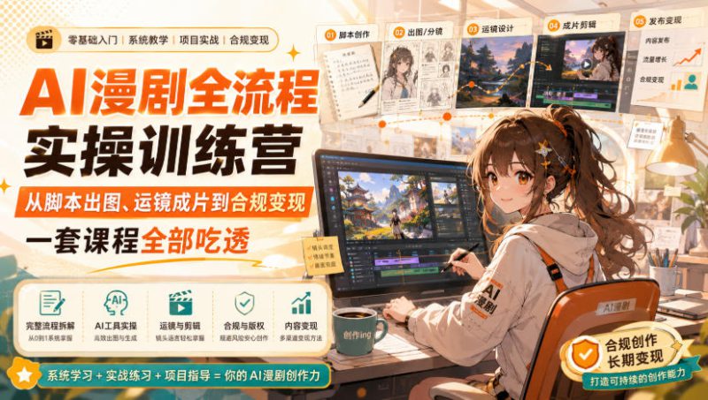 AI漫剧全流程实操训练营，从脚本出图、运镜成片到合规变现，一套课程全部吃透——生财有道创业项目网-生财有道