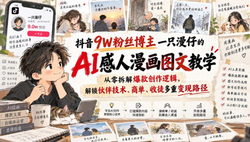 抖音9W粉丝博主一只漫仔的AI感人漫画图文教学，从零拆解爆款创作逻辑，解锁伙伴技术、商单、收徒多重变现路径——生财有道创业项目网-生财有道