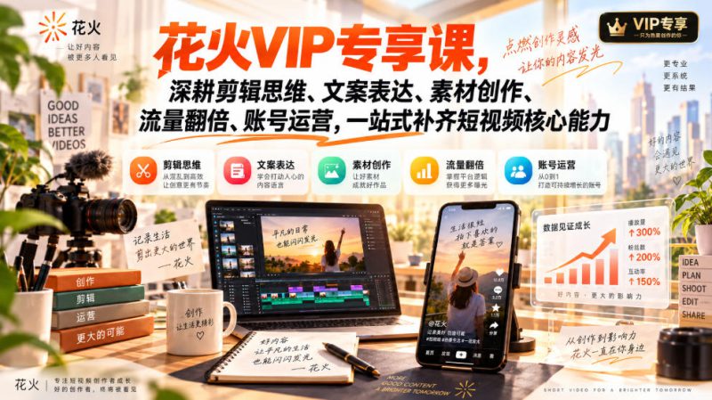 花火VIP专享课，深耕剪辑思维、文案表达、素材创作、流量翻倍、账号运营，一站式补齐短视频核心能力——生财有道创业项目网-生财有道