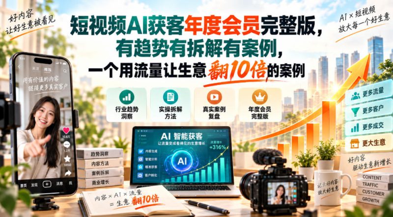 短视频AI获客年度会员完整版，有趋势有拆解有案例，一个用流量让生意翻10倍的案例——生财有道创业项目网-生财有道