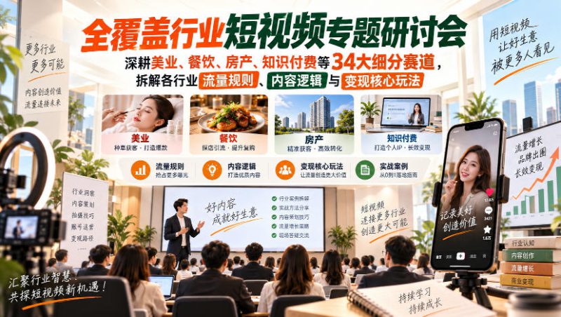 短视频专题研讨会,深耕美业、餐饮、房产、知识付费等34大细分赛道,拆解各行业流量规则、内容逻辑与变现核心玩法——生财有道创业项目网-生财有道