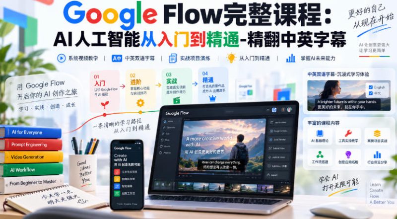 【无水印】Google Flow完整课程:AI人工智能从入门到精通-精翻中英字幕——生财有道创业项目网-生财有道