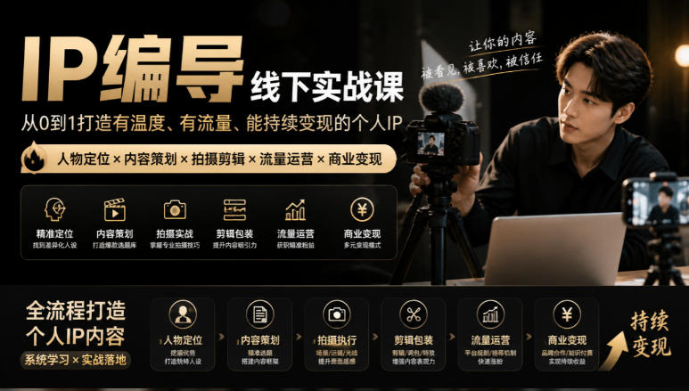 【无水印】IP编导线下实战课,从人物定位到短视频拍摄剪辑,全流程打造有温度、有流量、能持续变现的个人IP内容——生财有道创业项目网-生财有道