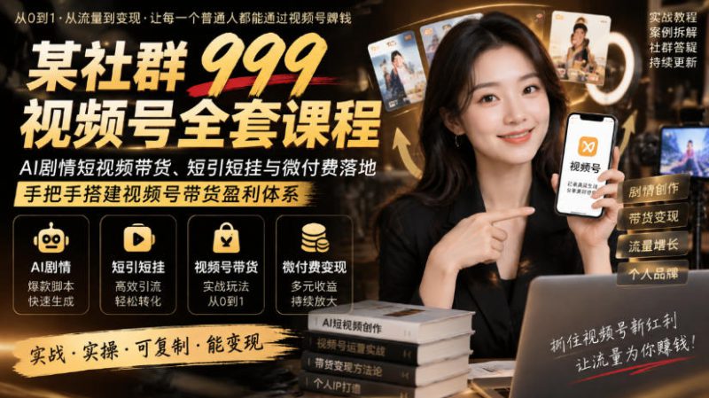 某社群999视频号全套课程,AI剧情短视频带货、短引短挂与微付费落地,手把手搭建视频号带货盈利体系——生财有道创业项目网-生财有道