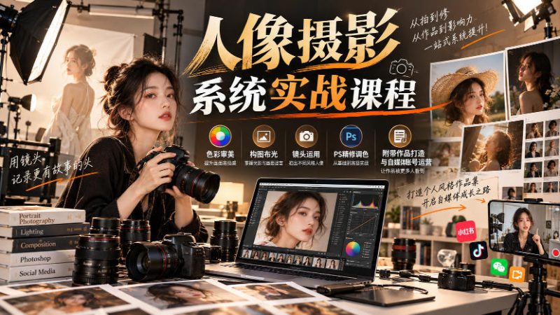 【无水印】人像摄影系统实战课程，色彩审美、构图布光、镜头运用、PS精修调色，附带作品打造与自媒体账号运营——生财有道创业项目网-生财有道