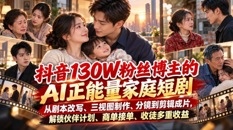 抖音130W粉丝博主的AI正能量家庭短剧，从剧本改写、三视图制作、分镜到剪辑成片，解锁伙伴计划、商单接单、收徒多重收益——生财有道创业项目网-生财有道