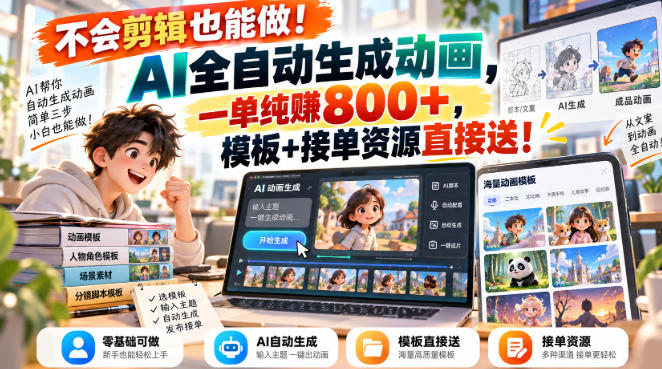 不会剪辑也能做！AI全自动生成动画，一单纯賺800+，模板+接单资源直接送！【揭秘】——生财有道创业项目网-生财有道