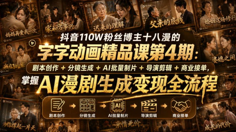 抖音110W粉丝博主十八漫的字字动画精品课第4期：剧本创作+分镜生成+剪辑+商业接单，掌握AI漫剧生成变现全流程——生财有道创业项目网-生财有道