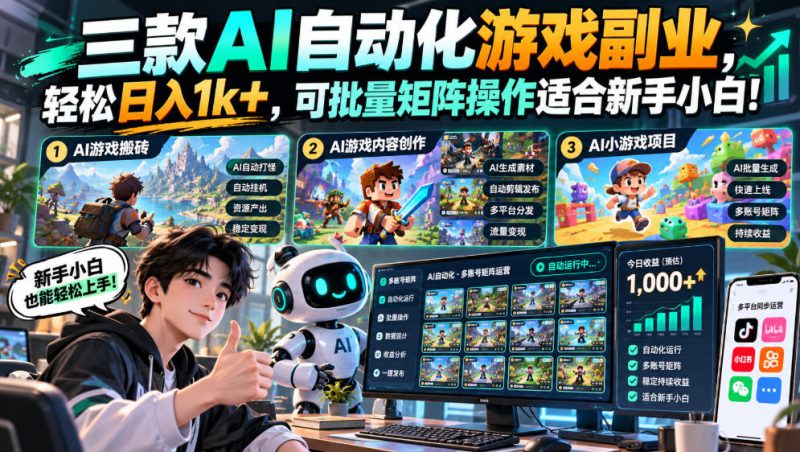三款AI自动化游戏副业，轻松日入1k+，可批量矩阵操作适合新手小白！【揭秘】——生财有道创业项目网-生财有道