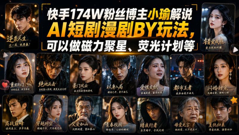 快手174W粉丝博主小瑜解说AI短剧漫剧搬运玩法，可以做磁力聚星、荧光计划等——生财有道创业项目网-生财有道