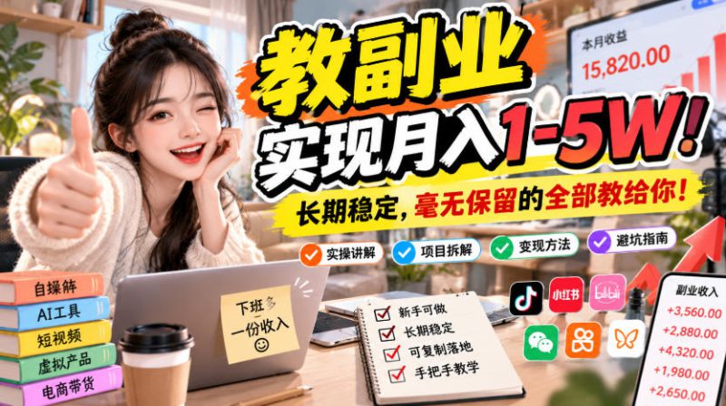 “教副业”实现月入1-5W！长期稳定，毫无保留的全部教给你！【揭秘】——生财有道创业项目网-生财有道