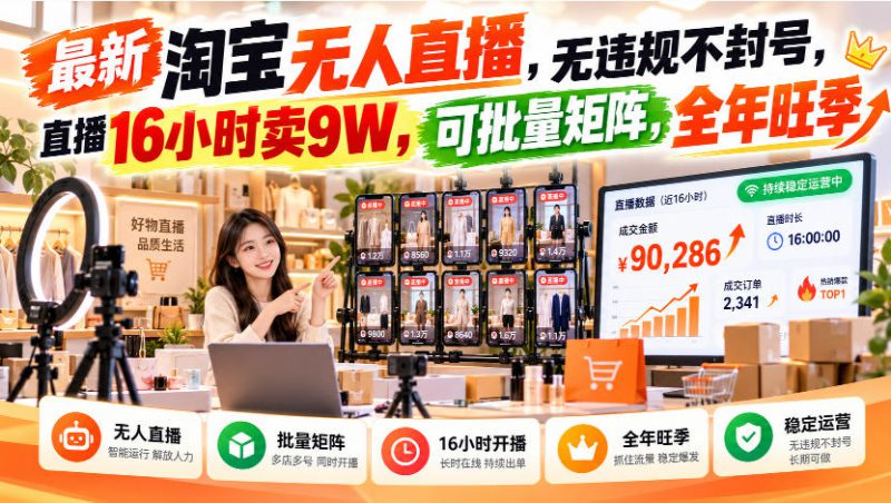 最新淘宝无人直播，无违规不封号，直播16小时卖9W，可批量矩阵，全年旺季【揭秘】——生财有道创业项目网-生财有道