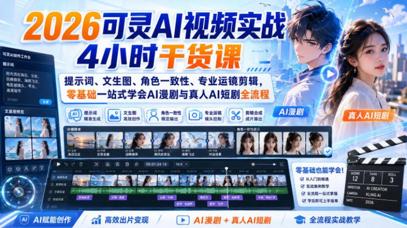 2026可灵AI视频实战4小时干货课｜提示词、文生图、角色一致性、专业运镜剪辑，零基础一站式学会AI漫剧与真人AI短剧全流程——生财有道创业项目网-生财有道