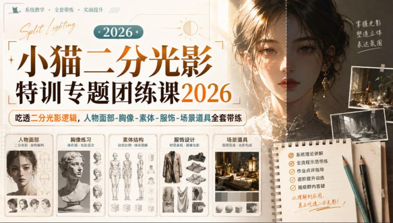 小猫二分光影特训专题团练课2026|吃透二分光影逻辑,人物面部‑胸像‑素体‑服饰‑场景道具全套带练,高清画质附赠课件与笔刷——生财有道创业项目网-生财有道