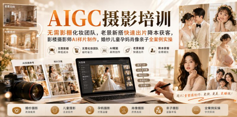 AIGC摄影培训｜无需影棚化妆团队，老景新搭快速出片降本获客，影楼摄影师AI样片制作，婚纱儿童孕妈肖像亲子全案例实操——生财有道创业项目网-生财有道