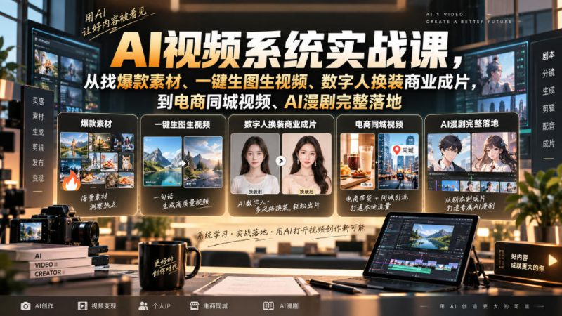 AI视频系统实战课，从找爆款素材、一键生图生视频、数字人换装商业成片，到电商同城视频、AI漫剧完整落地——生财有道创业项目网-生财有道