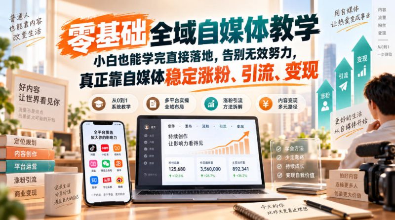 零基础全域自媒体教学，小白也能学完直接落地，告别无效努力，真正靠自媒体稳定涨粉、引流、变现——生财有道创业项目网-生财有道