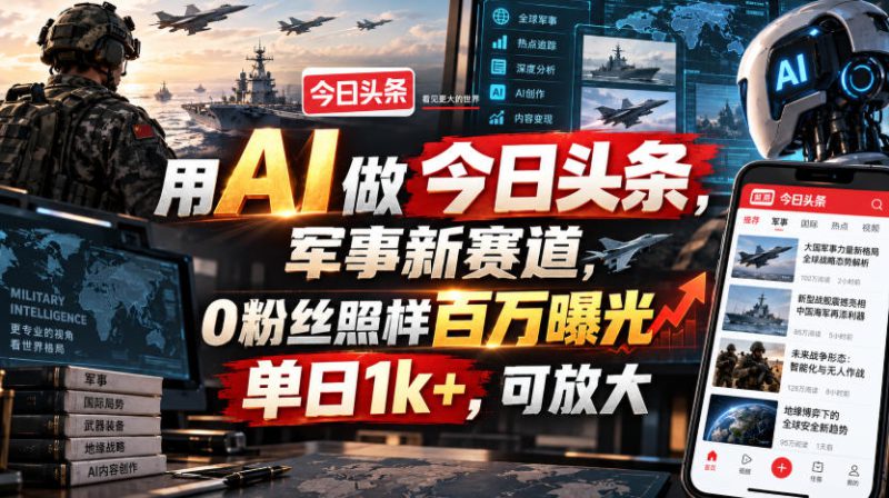 用AI做今日头条，军事新赛道，0粉丝照样百万曝光，单日1k+，可放大——生财有道创业项目网-生财有道
