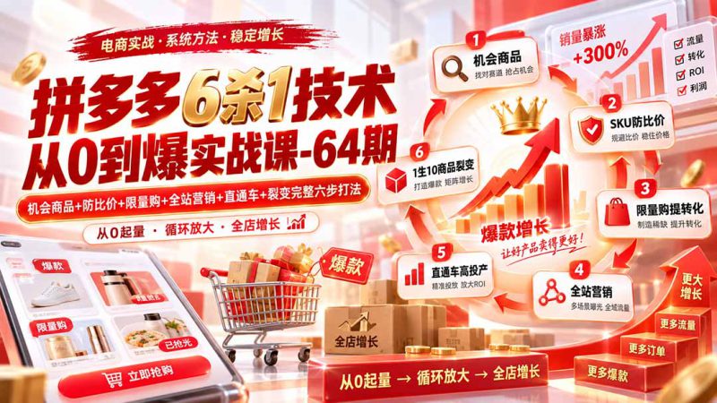 （20316期）拼多多6杀1技术从0到爆实战课-64期：机会商品+防比价+限量购+全站营销+直通车+裂变完整六步打法_生财有道创业项目网-生财有道