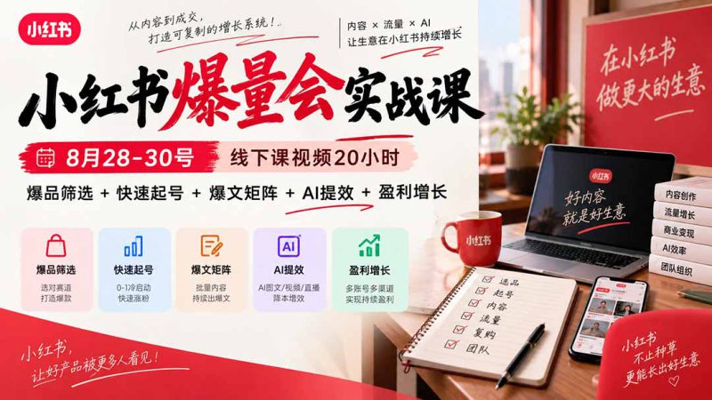（20359期）小红书爆量会实战课：8月28-30号线下课视频20小时，爆品筛选+快速起号+爆文矩阵+AI提效+盈利增长_生财有道创业项目网-生财有道