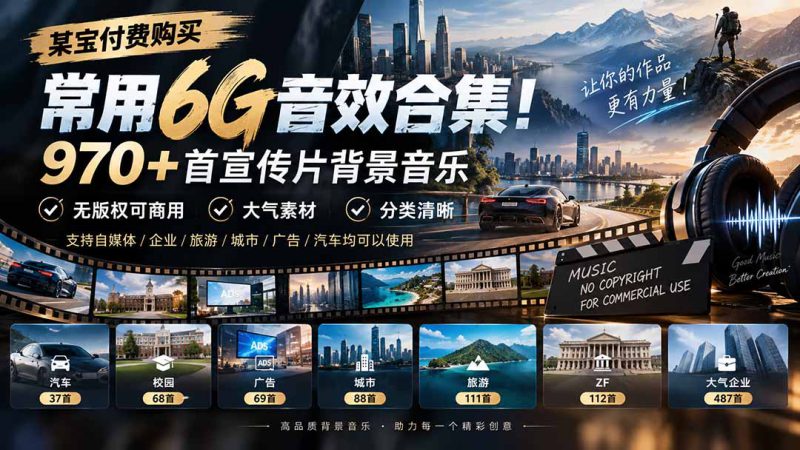 （20603期）某宝付费购买，常用6G音效合集！970+首宣传片背景音乐，无版权可商用大气素材，分类清晰_生财有道创业项目网-生财有道