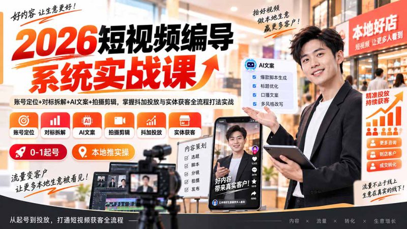 （20305期）2026短视频编导系统实战课：账号定位+对标拆解+AI文案+拍摄剪辑，掌握抖加投放与实体获客全流程打法实战_生财有道创业项目网-生财有道