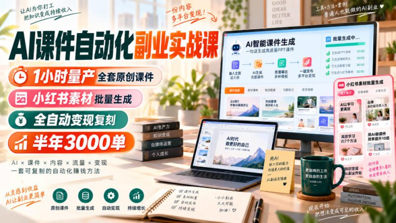 AI课件自动化副业实战课，1小时量产全套原创课件，小红书素材批量生成，全自动变现复刻，半年3000单——生财有道创业项目网-生财有道
