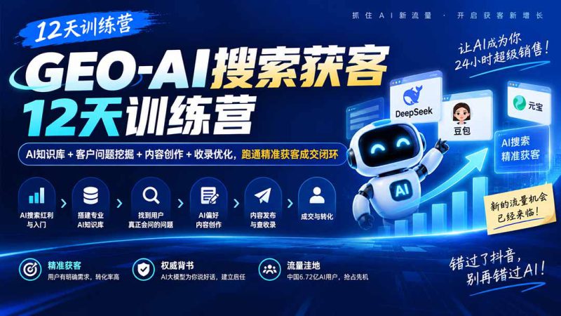 (20544期)GEO-AI搜索获客12天训练营|AI知识库+客户问题挖掘+内容创作+收录优化,跑通精准获客成交闭环_生财有道创业项目网-生财有道