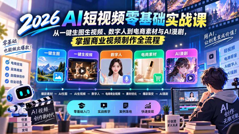 （20263期）2026AI短视频零基础实战课：从一键生图生视频、数字人到电商素材与AI漫剧，掌握商业视频制作全流程_生财有道创业项目网-生财有道