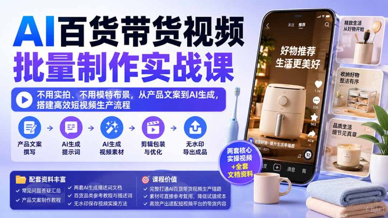 (20179期)AI百货带货视频批量制作实战课:不用实拍、不用模特布景,从产品文案到AI生成,搭建高效短视频生产流程_生财有道创业项目网-生财有道