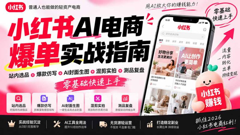 (20516期)2026小红书AI电商爆单实战指南:站内选品+爆款仿写+AI封面生图+混剪实拍+测品复盘,零基础快速上手_生财有道创业项目网-生财有道