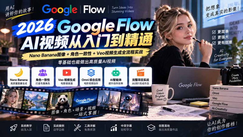 (20608期)【无水印】Google Flow AI视频从入门到精通:Nano Banana图像+角色一致性+Veo视频生成全流程实战-精翻中英字幕_生财有道创业项目网-生财有道
