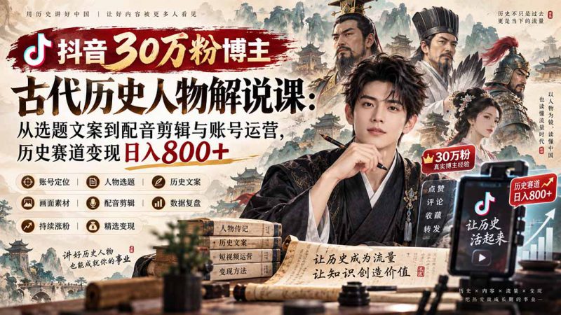 (20441期)抖音30万粉博主古代历史人物解说课:从选题文案到配音剪辑与账号运营,历史赛道变现日入800+_生财有道创业项目网-生财有道