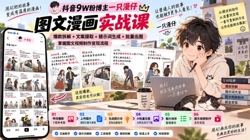 （20584期）抖音9W粉博主一只漫仔图文漫画课：爆款拆解+文案提取+提示词生成+批量出图，掌握图文视频制作变现流程_生财有道创业项目网-生财有道