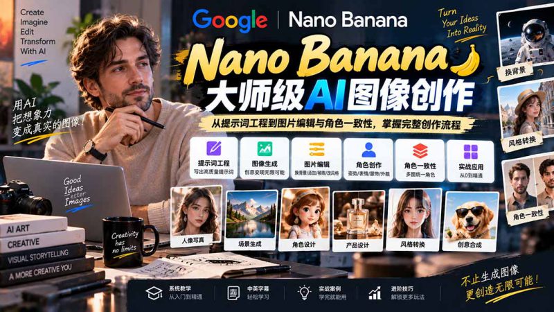 (20609期)【无水印】Nano Banana大师级AI图像实战课:从提示词工程到图片编辑与角色一致性,掌握完整创作流程_生财有道创业项目网-生财有道