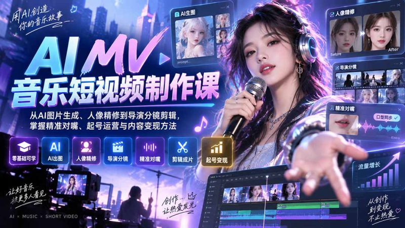 （20364期）AI MV音乐短视频制作课：从AI图片生成、人像精修到导演分镜剪辑，掌握精准对嘴、起号运营与内容变现方法_生财有道创业项目网-生财有道