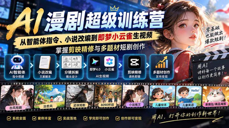 (20491期)AI漫剧超级特训营:从智能体指令、小说改编到即梦小云雀生视频,掌握剪映精修与多题材短剧创作_生财有道创业项目网-生财有道