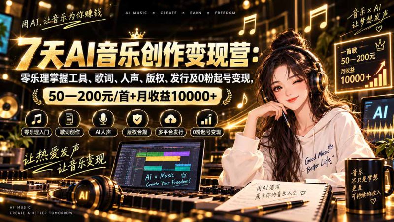 (20442期)AI音乐创作变现营:零乐理掌握工具、歌词、人声、版权、发行及0粉起号变现,50—200元/首+月收益10000+_生财有道创业项目网-生财有道