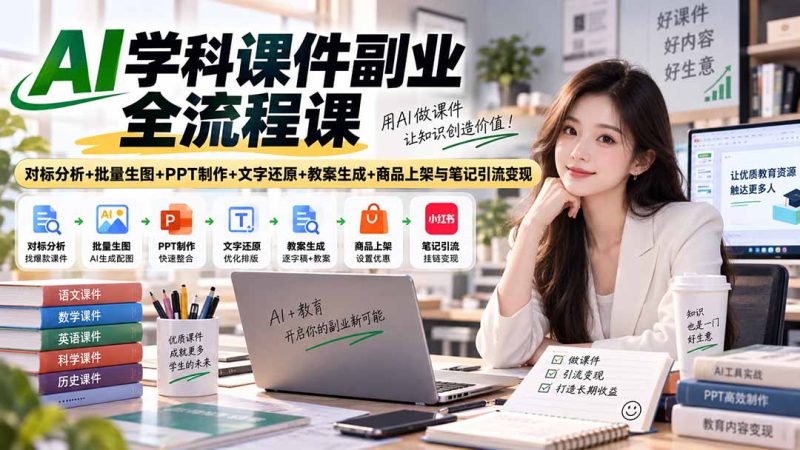 (20469期)AI学科课件副业全流程课|对标分析+批量生图+PPT制作+文字还原+教案生成+商品上架与笔记引流变现_生财有道创业项目网-生财有道
