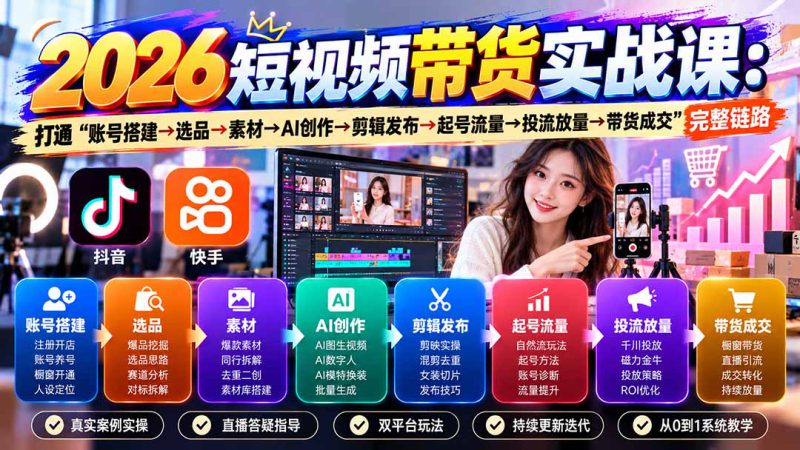 （20731期）2026短视频带货实战课9月：打通“账号搭建→选品→素材→AI创作→剪辑发布→起号流量→投流放量→带货成交”完整链路_生财有道创业项目网-生财有道