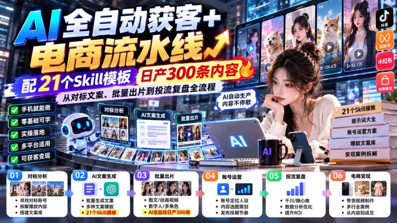 （20664期）AI全自动获客+电商流水线：配21个Skill模板，日产300条内容，从对标文案、批量出片到投流复盘全流程_生财有道创业项目网-生财有道